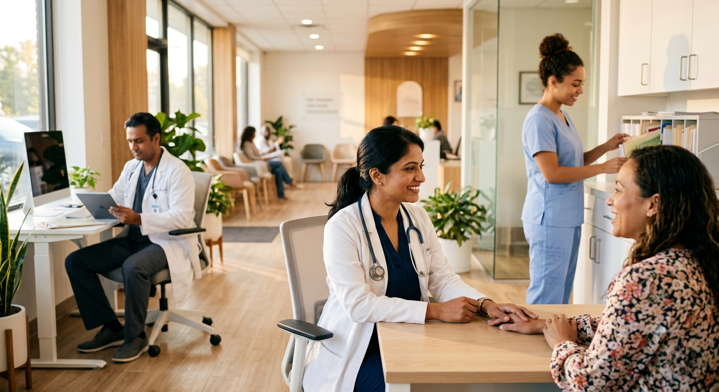 Busy modern medical clinic with doctors consulting patients and staff managing records