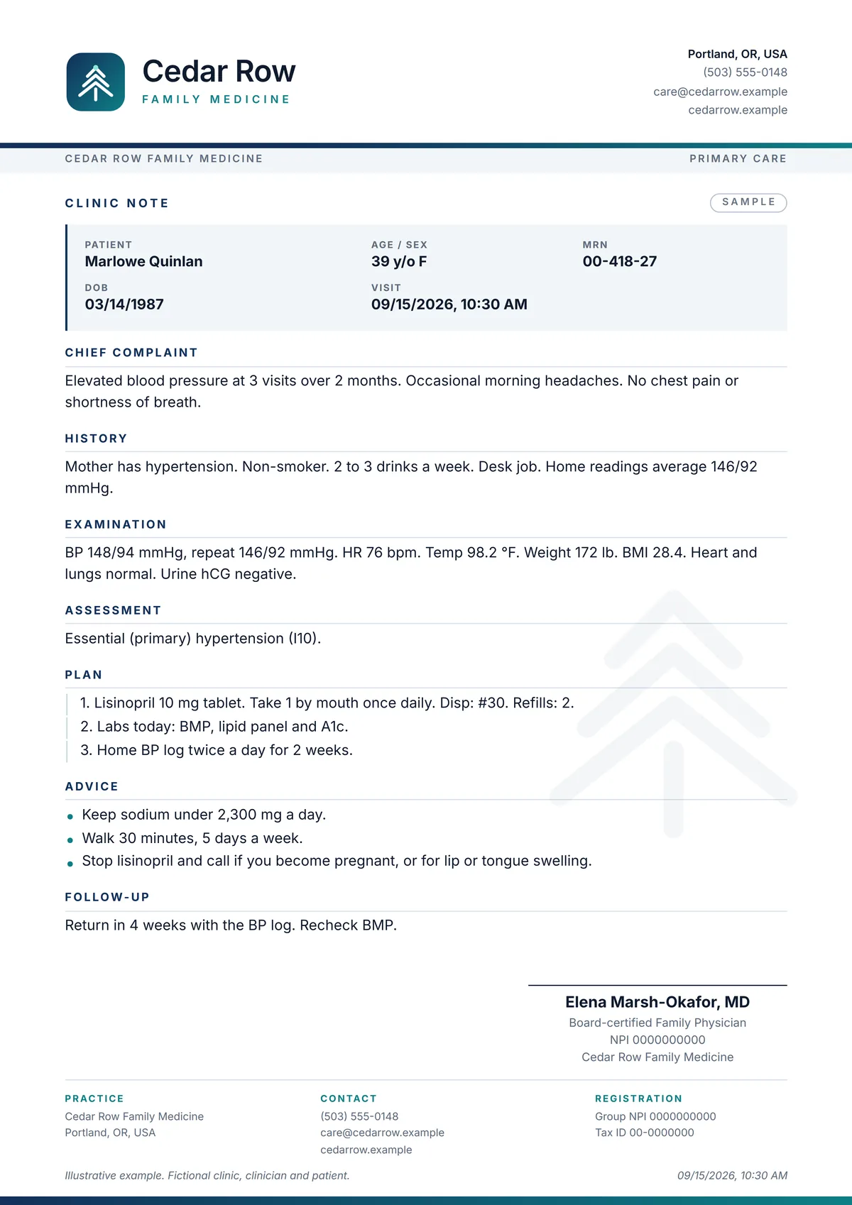 A sample clinic note on the letterhead of Cedar Row Family Medicine, Portland, printed by Relaya: complaint, diagnosis and treatment. Fictional clinic and patient.