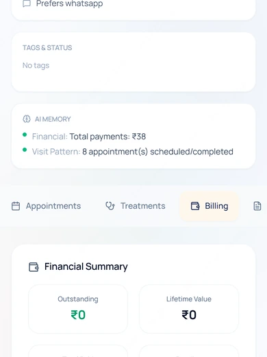 A patient record open on the Billing tab with a financial summary and a ledger.
