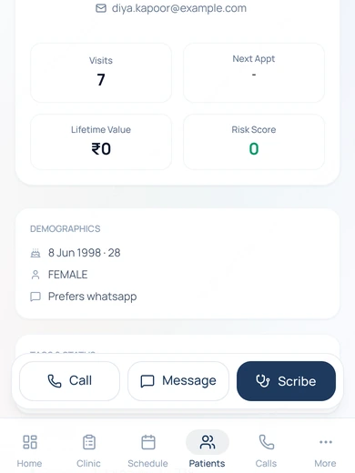 A patient record with the Clinical Scribe button at the top.